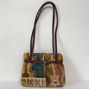 Vintage 70s Carpet Bag Purse Patchwork Southwestern Double Shoulder Strap Tan